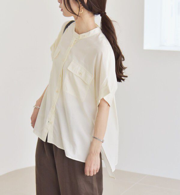 quaranciel「quaranciel:〈手洗い可能〉バンドカラー ハーフスリーブ ポケット ワーク シャツ」|シャツ・ブラウス|