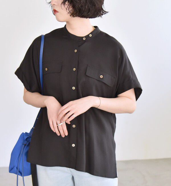 quaranciel「quaranciel:〈手洗い可能〉バンドカラー ハーフスリーブ ポケット ワーク シャツ」|シャツ・ブラウス|