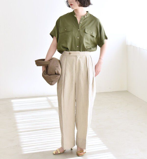 quaranciel「quaranciel:〈手洗い可能〉バンドカラー ハーフスリーブ ポケット ワーク シャツ」|シャツ・ブラウス|