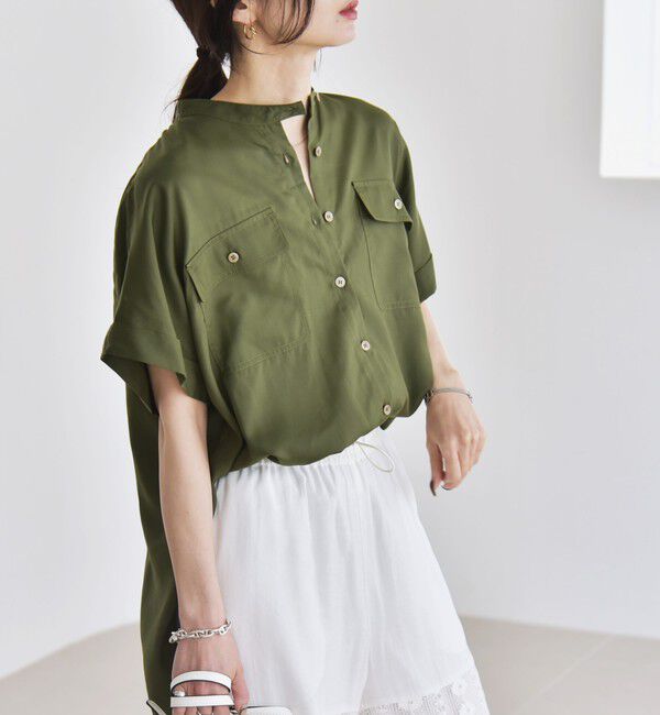quaranciel「quaranciel:〈手洗い可能〉バンドカラー ハーフスリーブ ポケット ワーク シャツ」|シャツ・ブラウス|