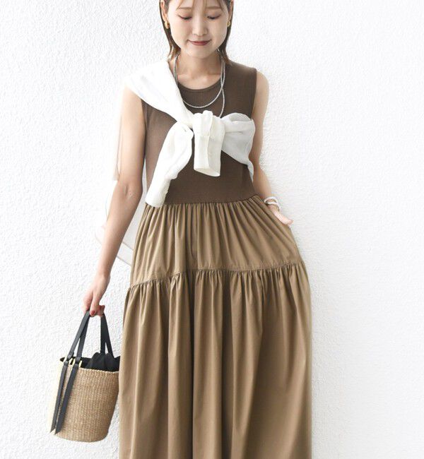 SHIPS for women「〈手洗い可能〉コットン リブ ノースリーブ &times; 布帛 スカート ワンピース」|ワンピース|