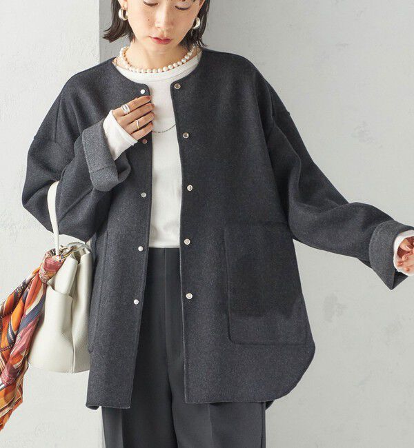 SHIPS for women「セミ 梳毛 配色 リバーシブル ノーカラー ショート コート」|ノーカラーコート|グレー