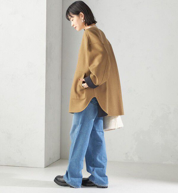 SHIPS for women「セミ 梳毛 配色 リバーシブル ノーカラー ショート コート」|ノーカラーコート|