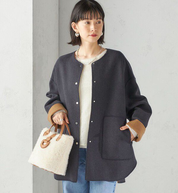 SHIPS for women「セミ 梳毛 配色 リバーシブル ノーカラー ショート コート」|ノーカラーコート|
