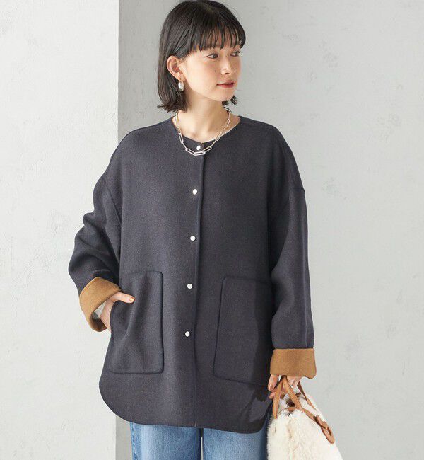 SHIPS for women「セミ 梳毛 配色 リバーシブル ノーカラー ショート コート」|ノーカラーコート|