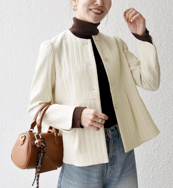 SHIPS any「SHIPS any:〈手洗い可能〉ジャカード ノーカラー ペプラム ジャケット［NAVY BLUE］」|ノーカラージャケット|ナチュラル