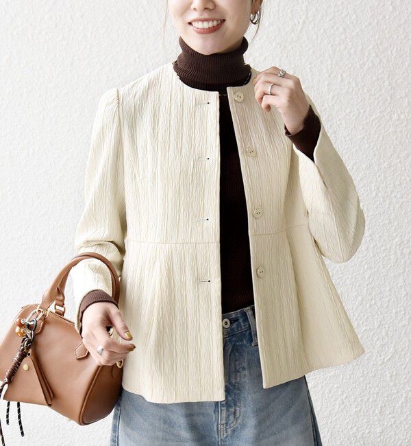 SHIPS any「SHIPS any:〈手洗い可能〉ジャカード ノーカラー ペプラム ジャケット［NAVY BLUE］」|ノーカラージャケット|