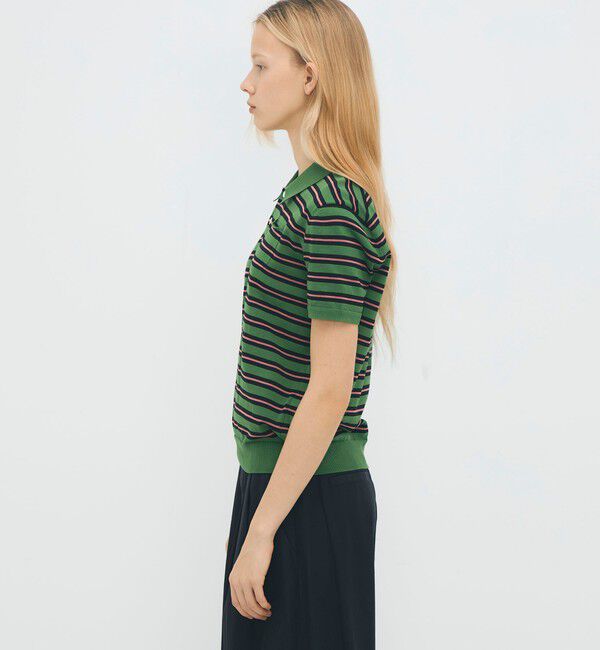 CABaN「コットンストライプ ポロハーフスリーブプルオーバー」|ニット・セーター|