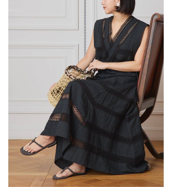 IENA LA BOUCLE「IENA LA BOUCLE cotton ラインレースワンピース」|ワンピース|ブラック