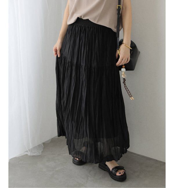  「【洗える】シフォンニットワッシャースカート」|スカート|ブラック