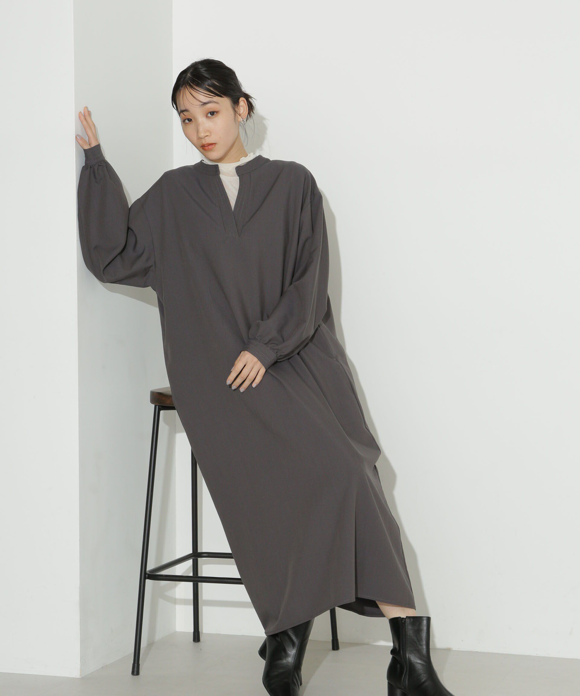 nano･universe「ハイカウントツイルバンドカラースキッパーワンピース」|ワンピース|チャコール3