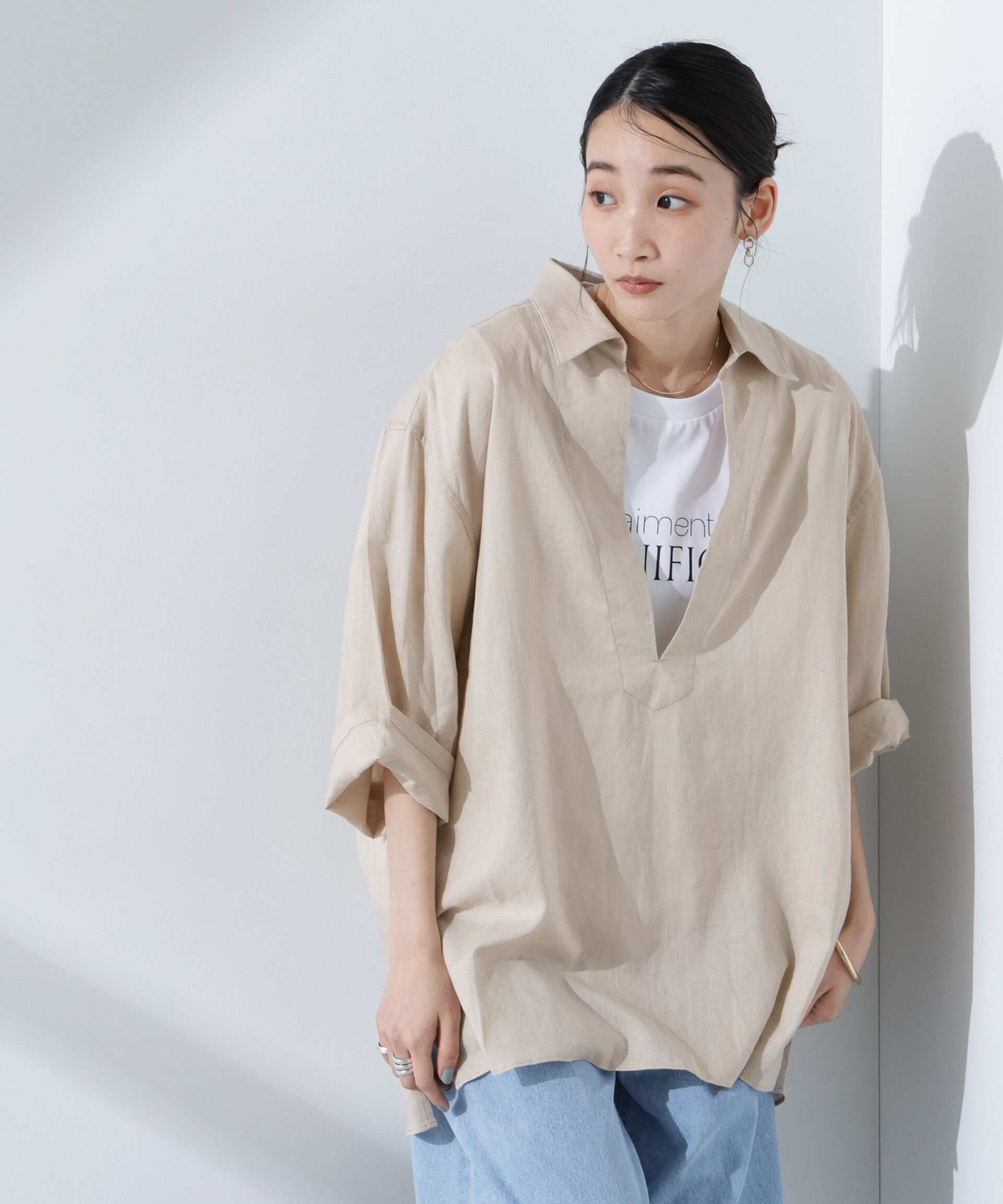 nano･universe「Anti Smell Linen プルオーバーVネックシャツ」|シャツ・ブラウス|ベージュ