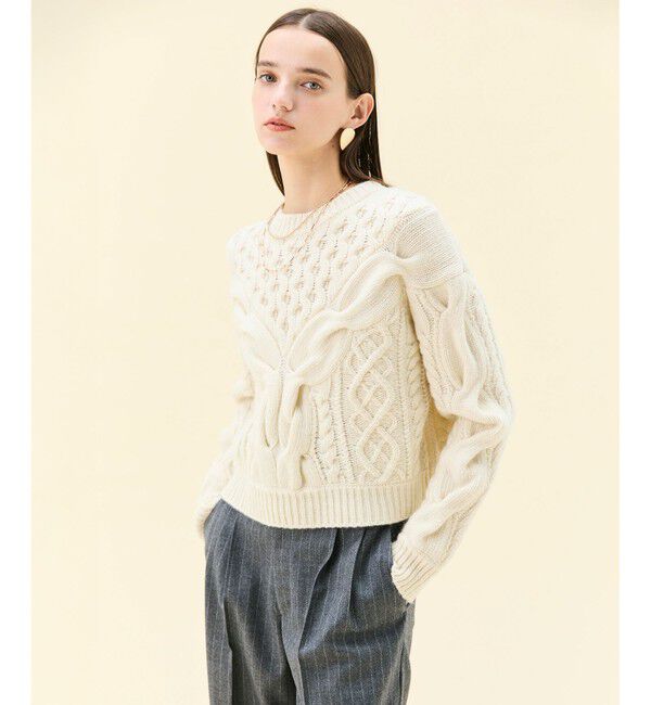 BEIGE,「【VERY掲載】RULE / ウールカシミヤアラン編みクロップドニット」|ニット・セーター|Off White