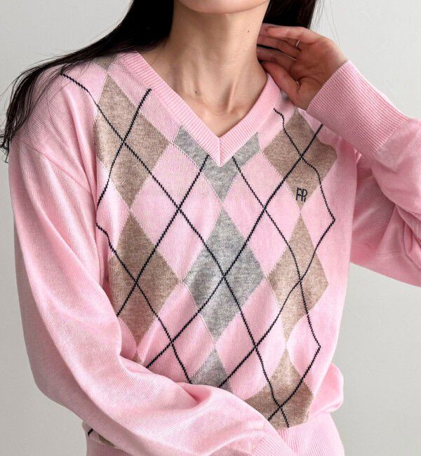 fredy emue「アーガイル柄インターシャVネックニット」|ニット・セーター|