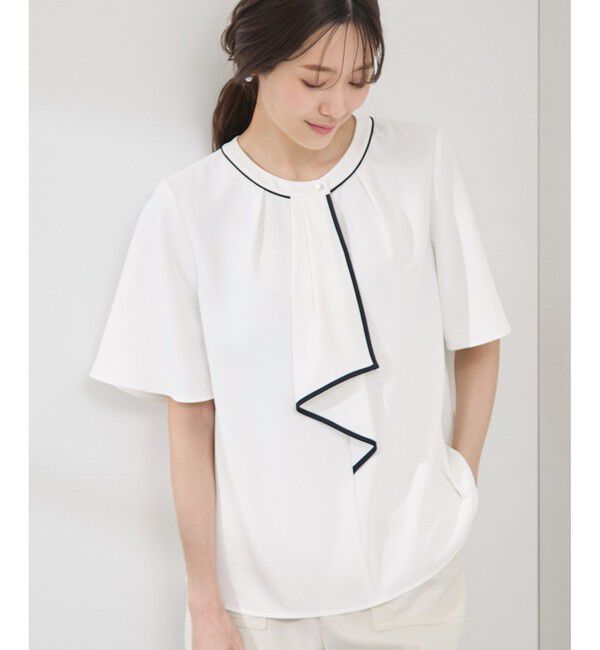 Rope&rsquo;Picnic「【WEB限定サイズ】配色ボウタイ風ハーフスリーブブラウス/通勤対応」|シャツ・ブラウス|ホワイト系(12)