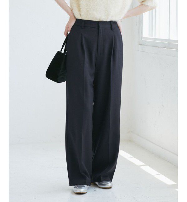 Rope&rsquo;Picnic「【WEB限定・丈長め】レディハンサムシリーズ ウールライクウエストタックセミワイドパンツ」|スラックス|ネイビー(40)