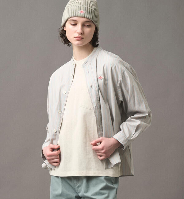 DANTON「DANTON | バンドカラー 長袖シャツ STRIPE WOMEN」|シャツ・ブラウス|BEIGE系1