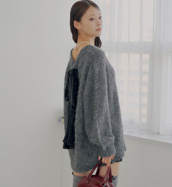  「2wayバックオープンベロアリボンルーズニット」|ニット・セーター|