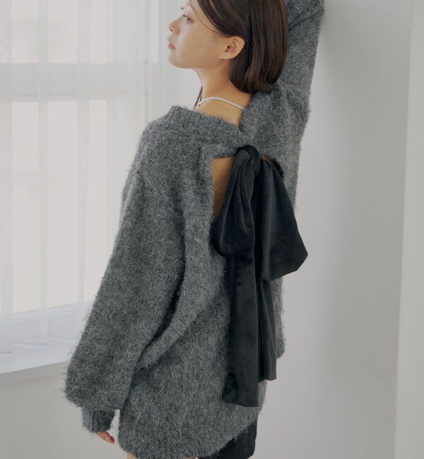  「2wayバックオープンベロアリボンルーズニット」|ニット・セーター|