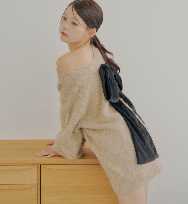  「2wayバックオープンベロアリボンルーズニット」|ニット・セーター|