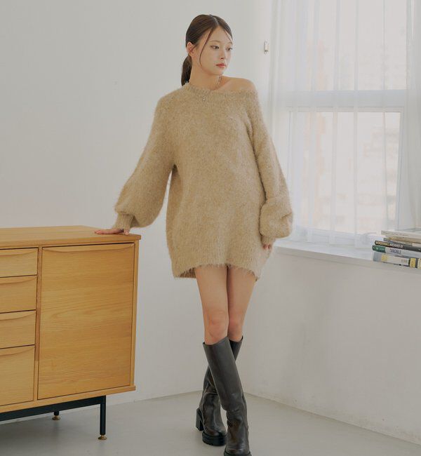  「2wayバックオープンベロアリボンルーズニット」|ニット・セーター|