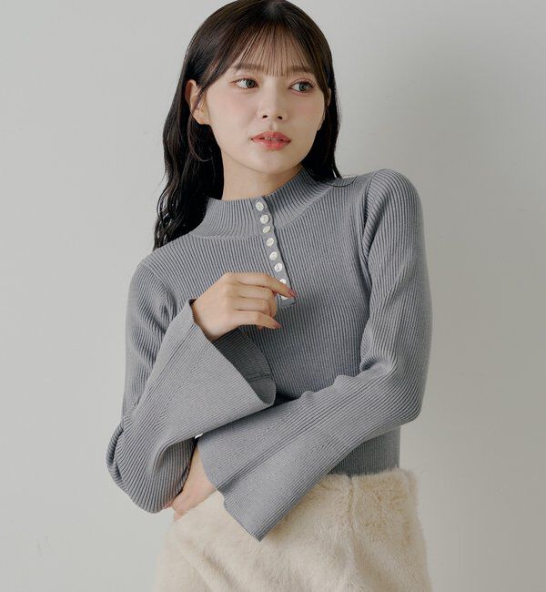  「【SALON by Chico】袖フレアランダムリブボタンニット」|ニット・セーター|
