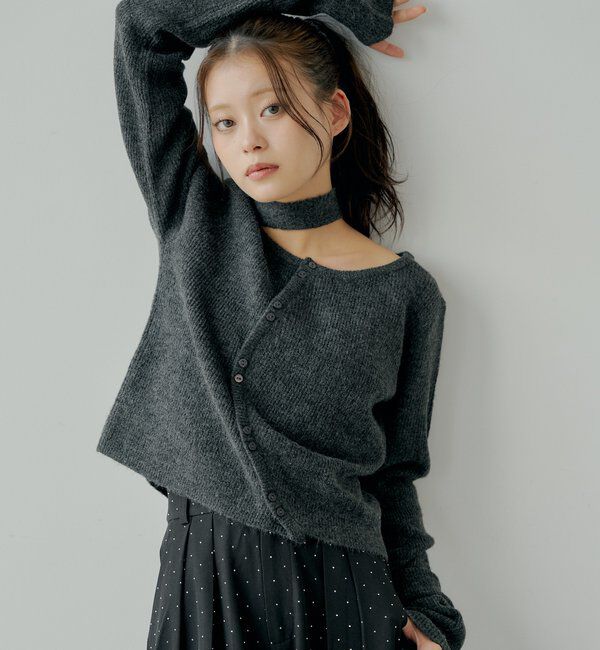  「チョーカー付きラウンドボタンコンパクトカーディガン」|カーディガン|