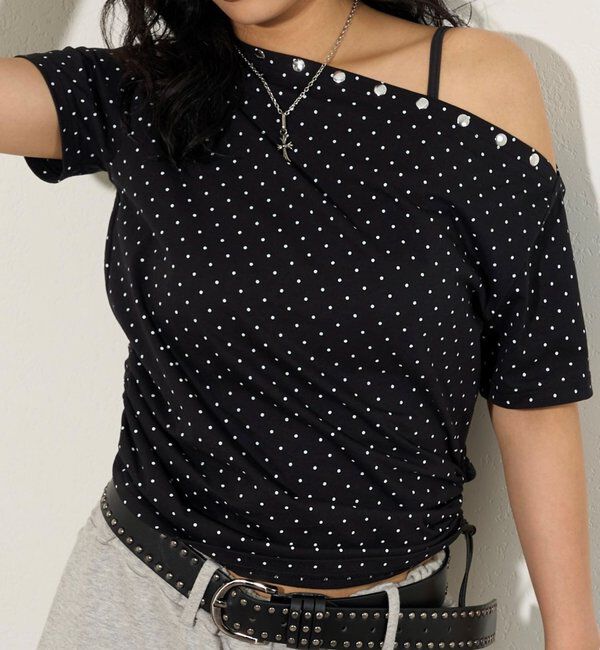  「アソート (カモ柄/ヒョウ柄)/ドット柄)スタッズドロストワンショルTEE」|Tシャツ・カットソー|