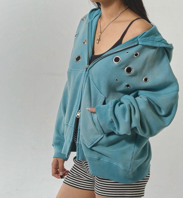  「EYELET ZIP HOODIE」|パーカー|サックスブルー