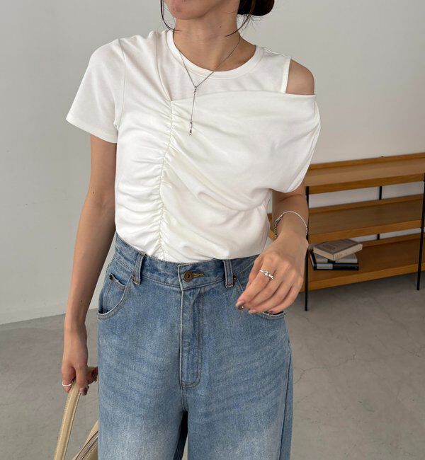  「【即完につき再入荷/新色ブラウン】アシメギャザーTシャツ」|Tシャツ・カットソー|