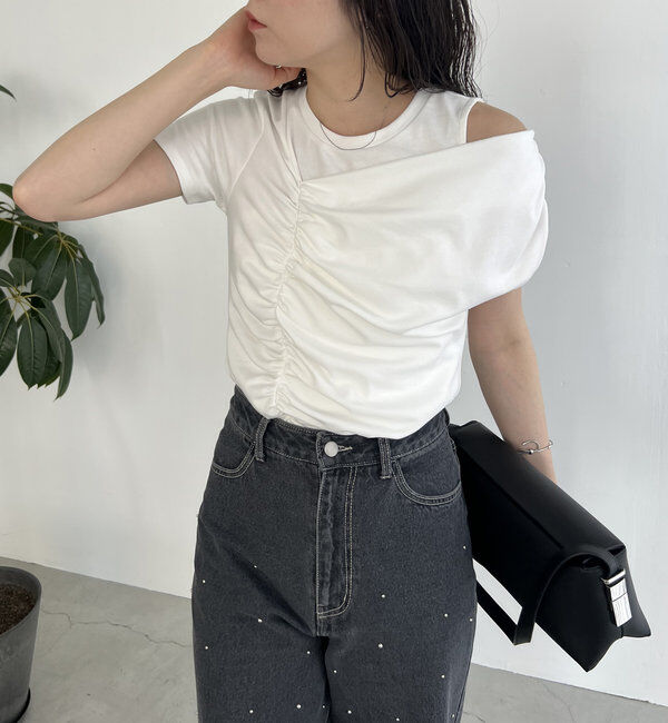  「【即完につき再入荷/新色ブラウン】アシメギャザーTシャツ」|Tシャツ・カットソー|