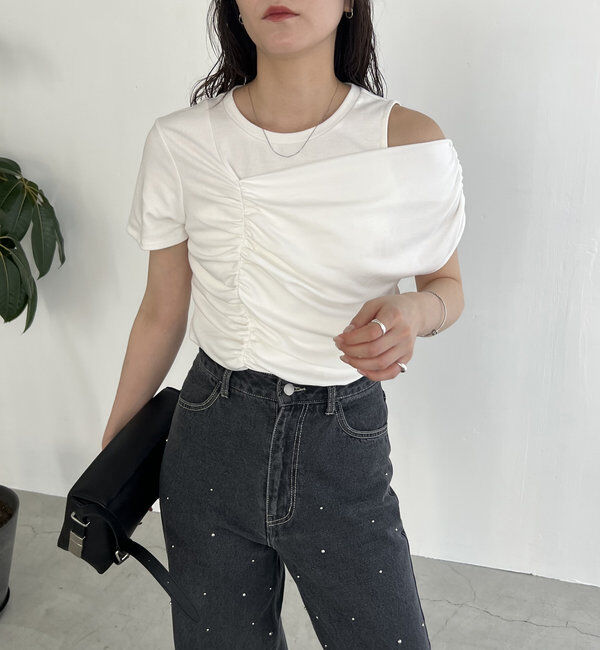  「【即完につき再入荷/新色ブラウン】アシメギャザーTシャツ」|Tシャツ・カットソー|