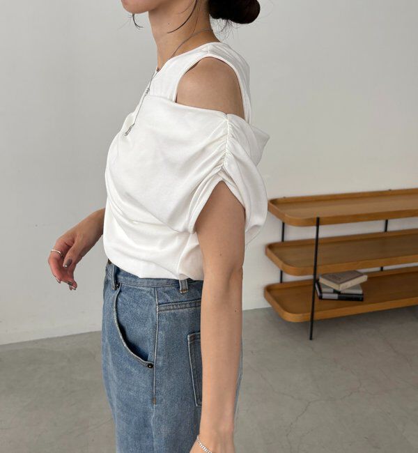  「【即完につき再入荷/新色ブラウン】アシメギャザーTシャツ」|Tシャツ・カットソー|