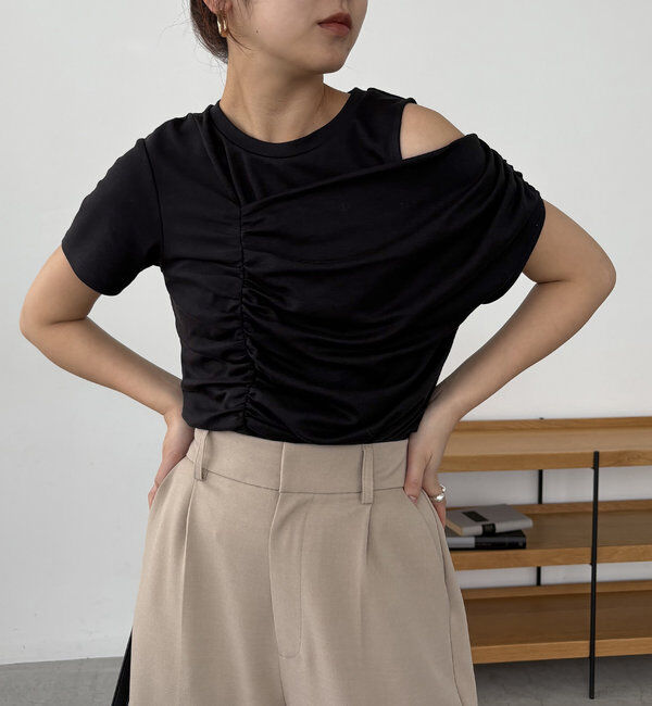  「【即完につき再入荷/新色ブラウン】アシメギャザーTシャツ」|Tシャツ・カットソー|