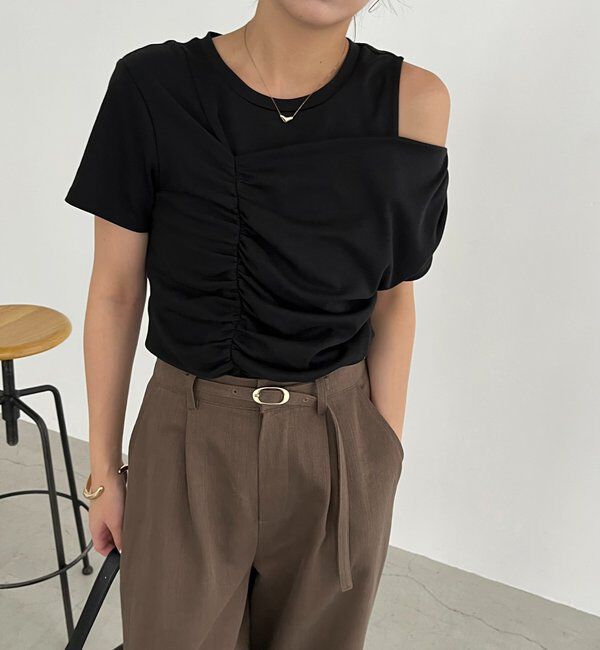  「【即完につき再入荷/新色ブラウン】アシメギャザーTシャツ」|Tシャツ・カットソー|