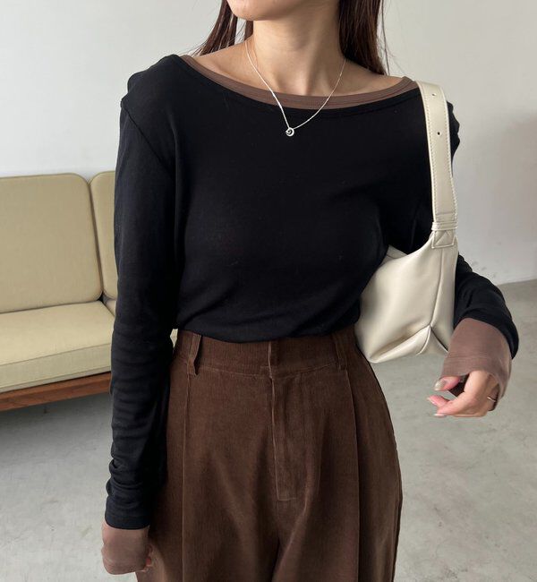  「【前後2WAY】2WAYボートネックシアーロンT」|Tシャツ・カットソー|ブラック