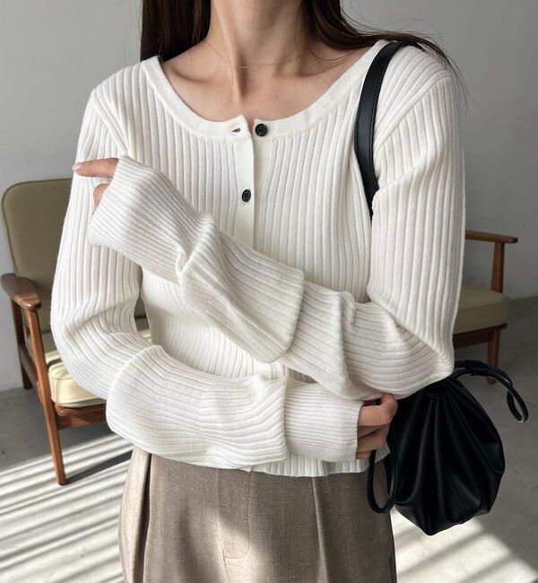  「【新色/オフホワイト】【前後2WAY】カーブスリーブリブニット」|カーディガン|