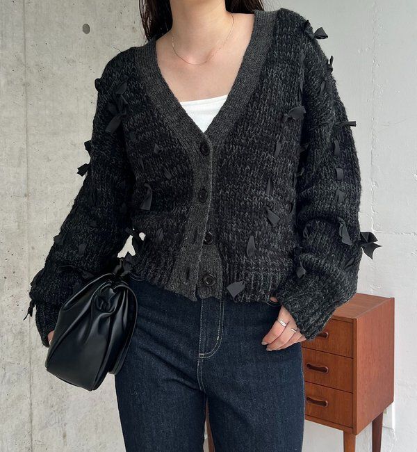  「リボンニットカーディガン」|カーディガン|ブラック