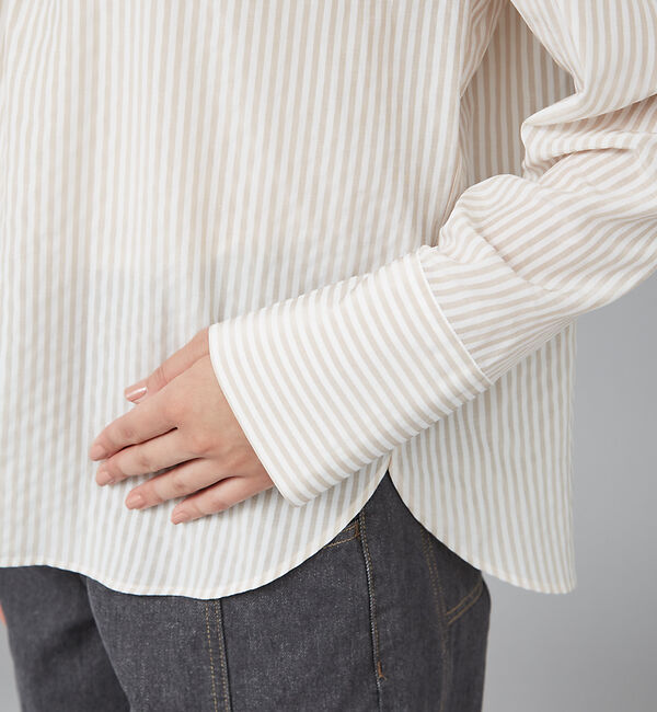 qualite「ストライプハイネックギャザーブラウス」|シャツ・ブラウス|