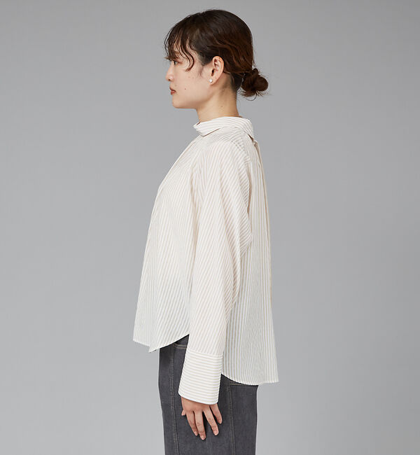 qualite「ストライプハイネックギャザーブラウス」|シャツ・ブラウス|