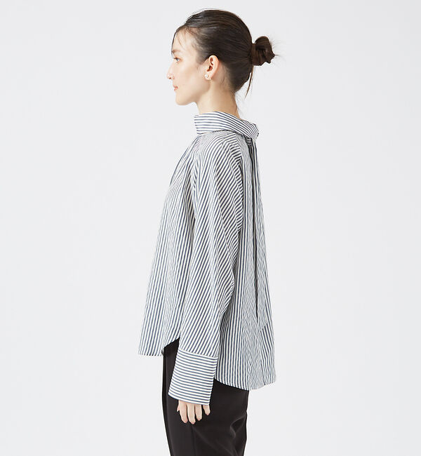 qualite「ストライプハイネックギャザーブラウス」|シャツ・ブラウス|