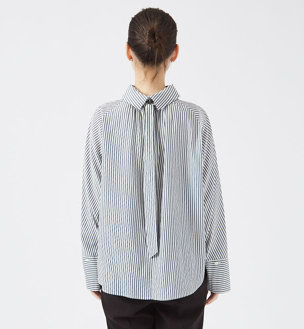 qualite「ストライプハイネックギャザーブラウス」|シャツ・ブラウス|