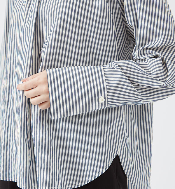 qualite「ストライプハイネックギャザーブラウス」|シャツ・ブラウス|