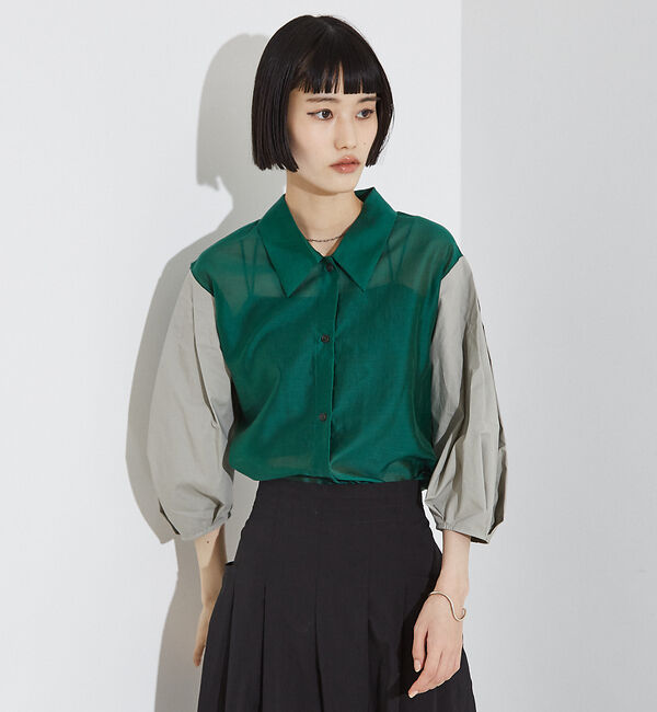 NOMINE「【セットアップ着用可】シアー コンビ5分袖 襟付きシャツ」|シャツ・ブラウス|