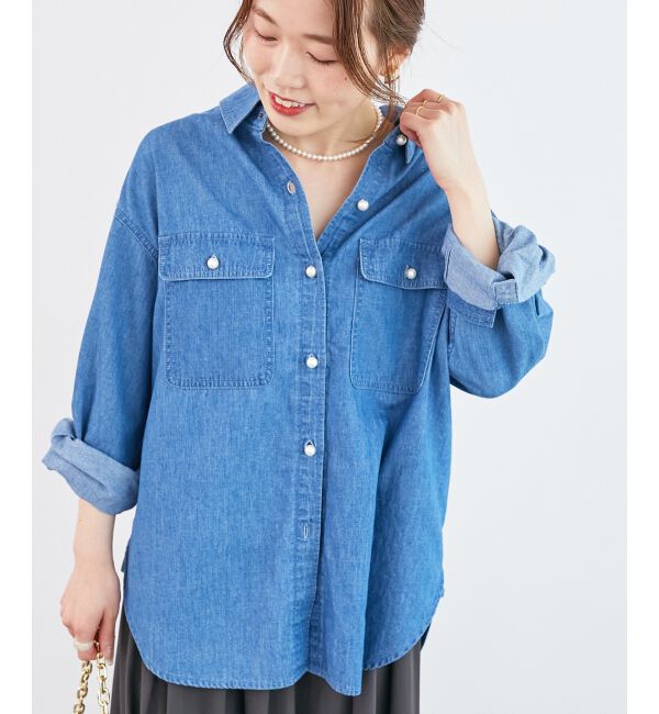  「《軽いシャツ素材》パールボタンデニムシャツ」|シャツ・ブラウス|