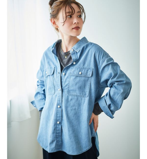  「《軽いシャツ素材》パールボタンデニムシャツ」|シャツ・ブラウス|