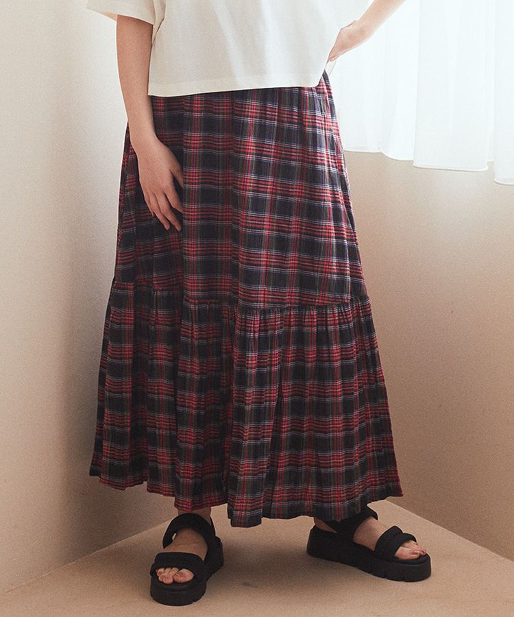 earth music&ecology「クリンクルスカート」|フレア|Check RED