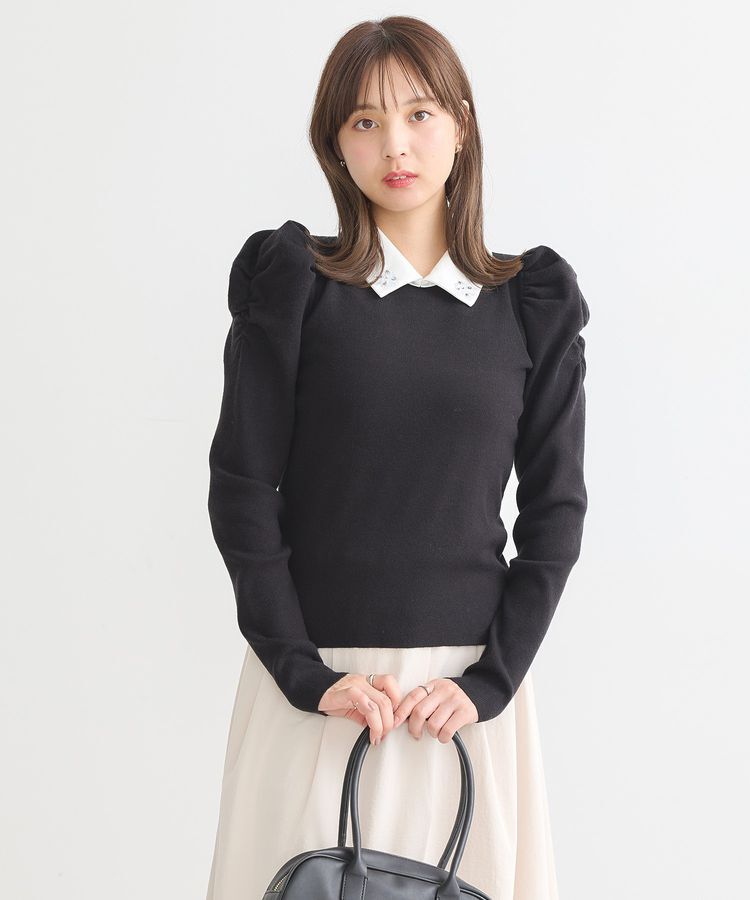 earth music&ecology「襟ビジュー付きニットプルオーバー」|ニット・セーター|