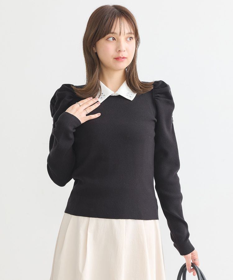 earth music&ecology「襟ビジュー付きニットプルオーバー」|ニット・セーター|