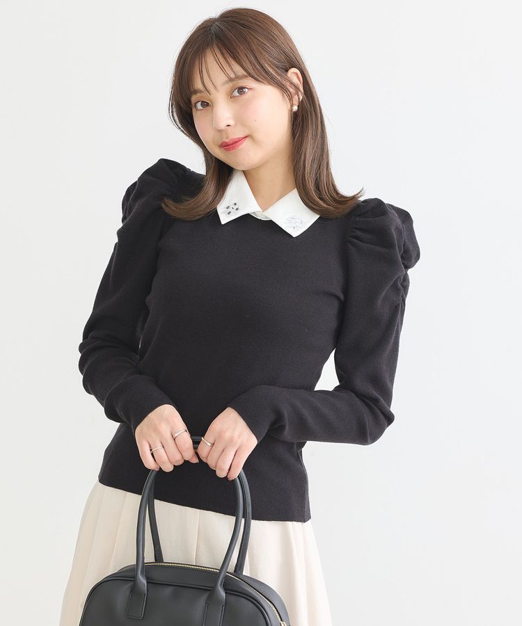 earth music&ecology「襟ビジュー付きニットプルオーバー」|ニット・セーター|